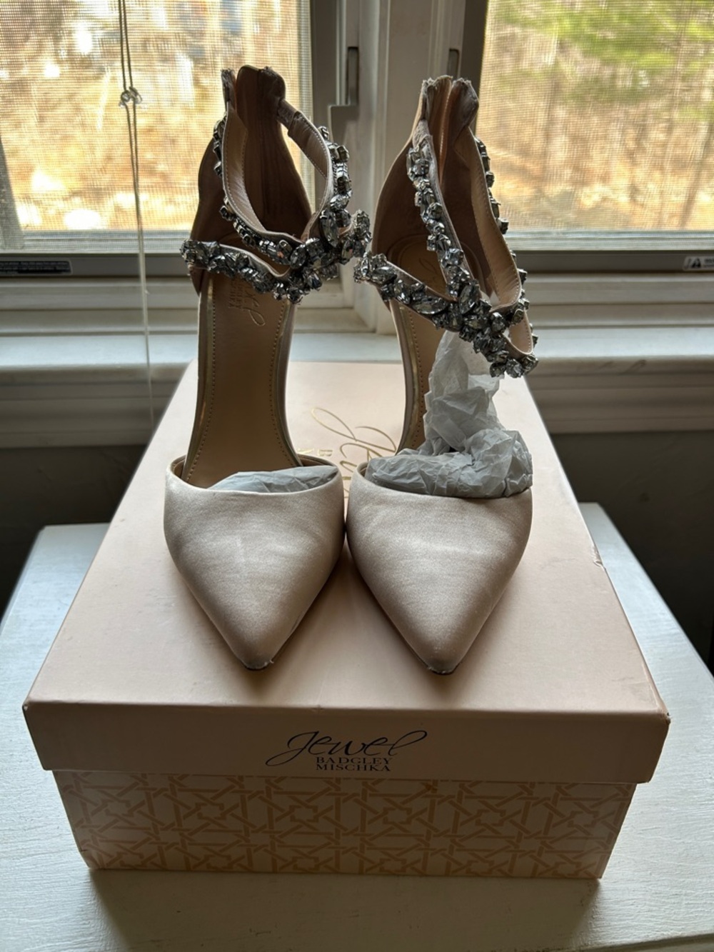 Badgley Mischka Ivory Satin Pointed Heels with Crystal Ankle Straps